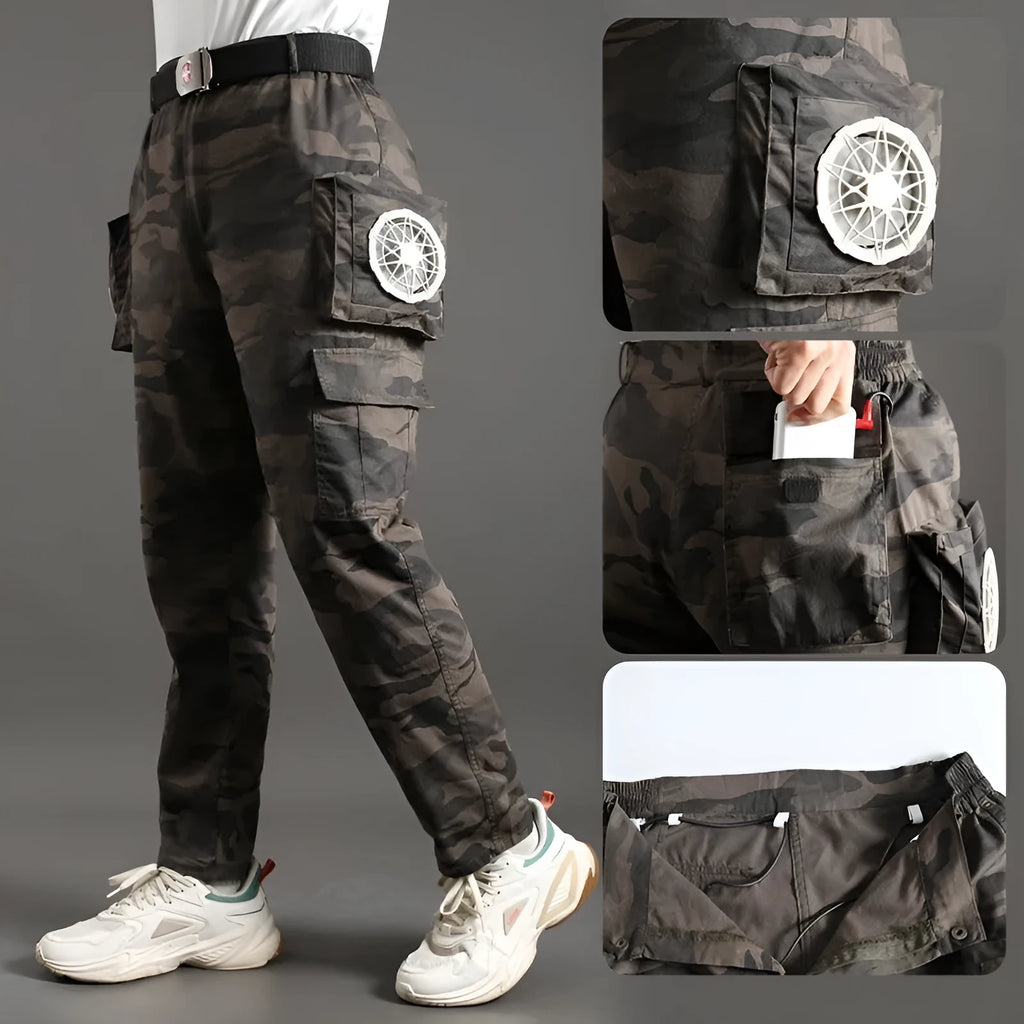 Men's pure cotton welder's fan pants in Army Green with battery accessory