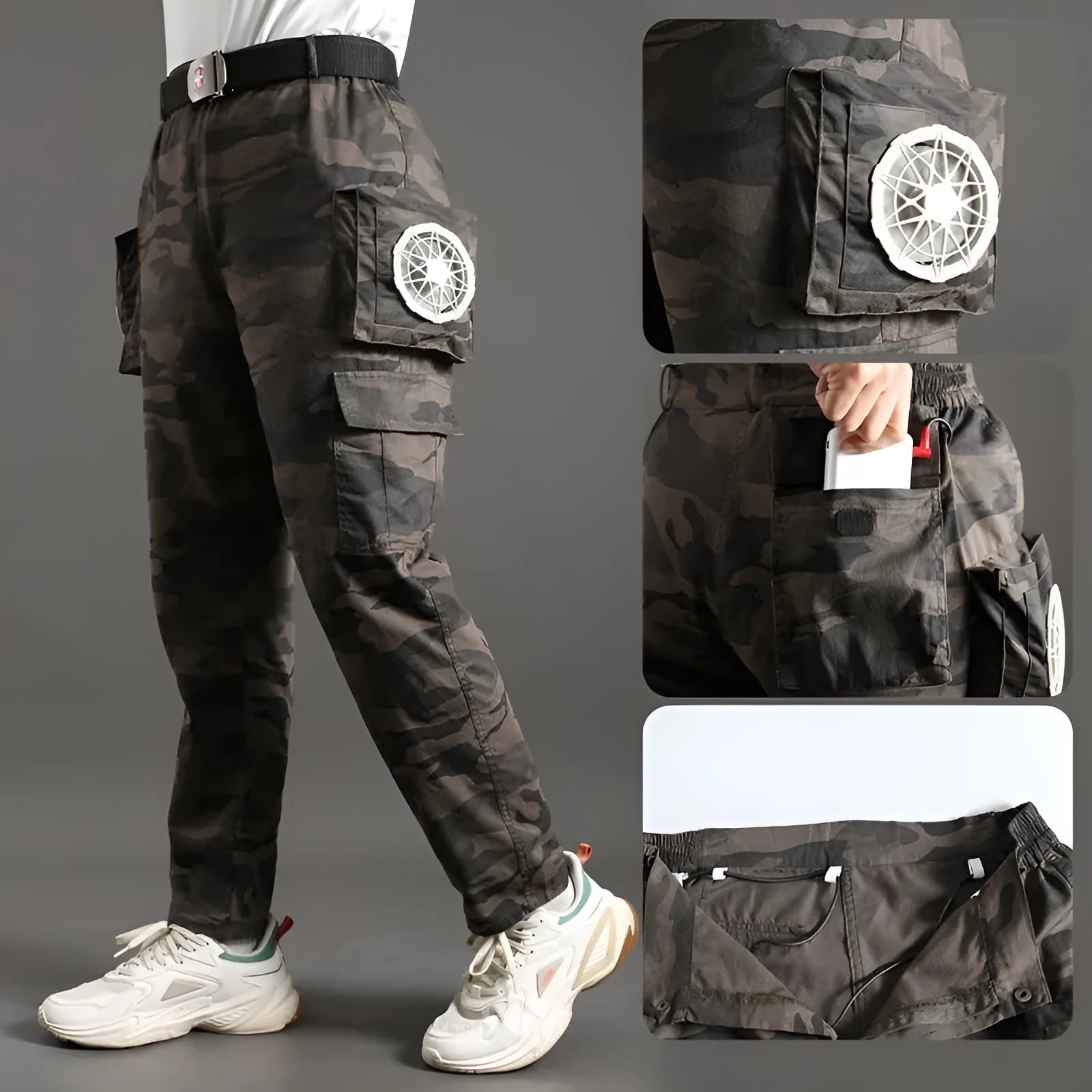 Men's pure cotton welder's fan pants in Army Green with battery accessory