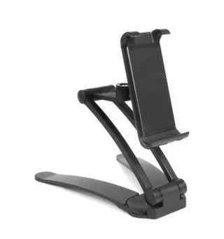 Silver aluminium alloy desktop tablet stand with adjustable black clips, holding a tablet.