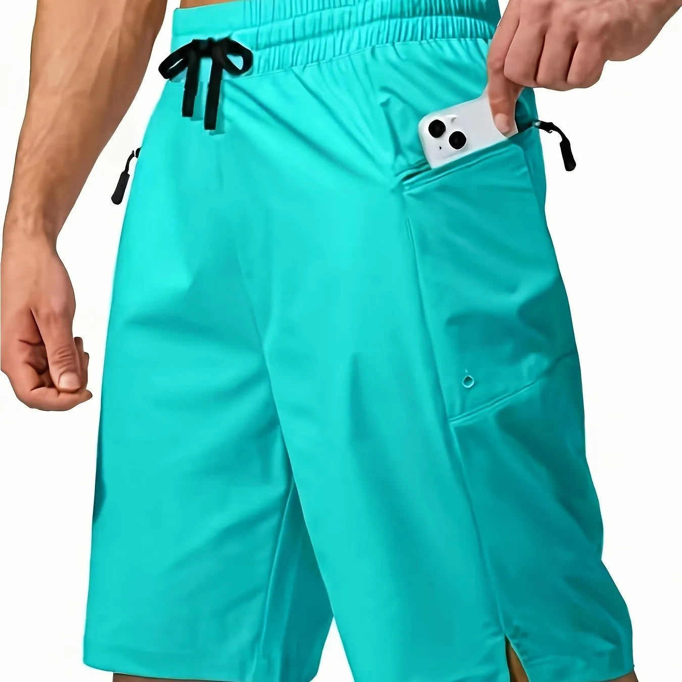 Men's quick-drying beach shorts in solid colours showing straight-leg design and polyester fabric texture