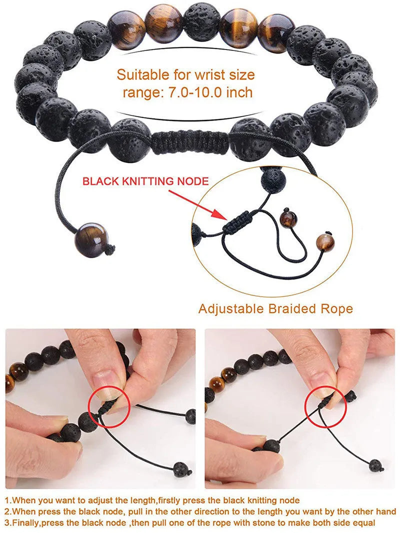 Geometric agate couple bracelets in tiger eye and matte black beads.