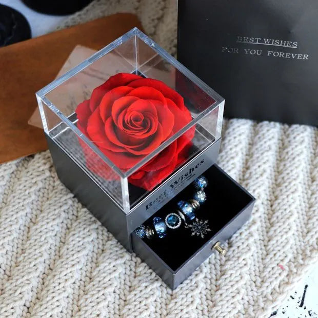 Eternal flower gift box with artificial roses, measuring 8.5cm wide and 10.5cm high