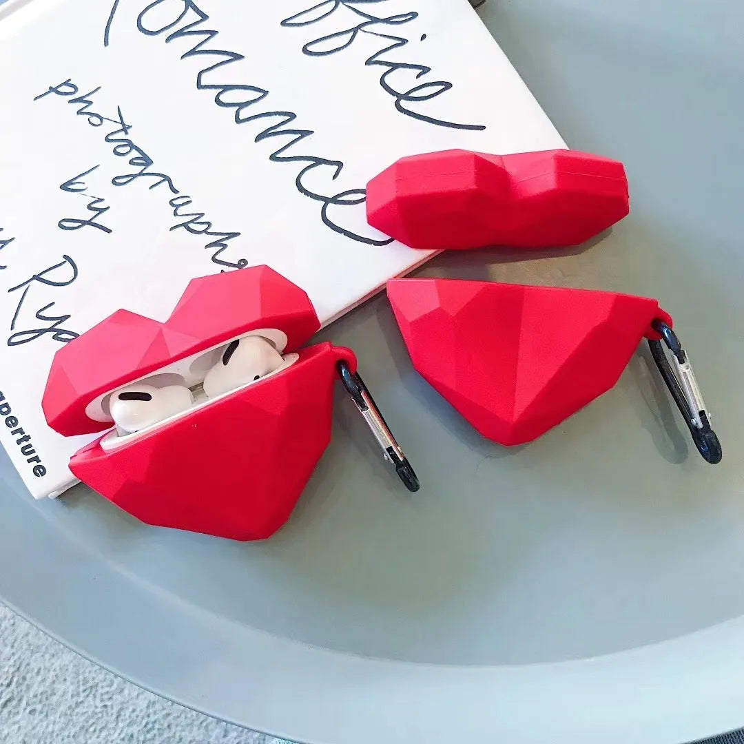 Red silicone case with diamond love heart pattern for Apple AirPods charging case