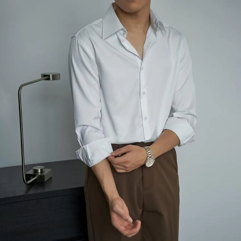 Men's black Korean style slim fit long sleeve shirt with Japanese retro design as autumn cardigan
