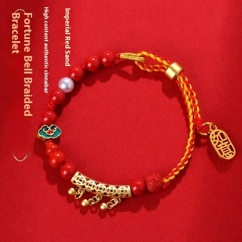 Women's cinnabar bracelet with hand-woven red sand rope and small round bell charm
