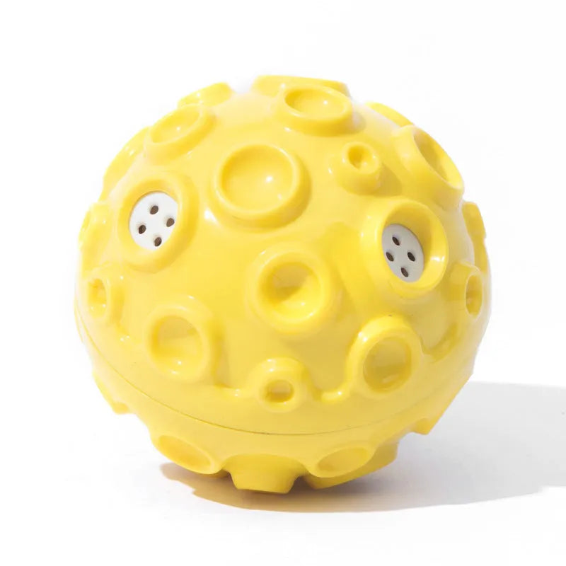 Durable rubber dog chew ball in multiple colours with squeaky sound and teeth-cleaning bumps.