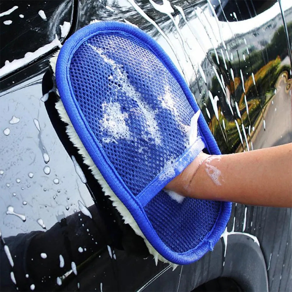 Pair of soft artificial wool car wash cleaning gloves in black, blue and brown, 15cm wide 24cm long
