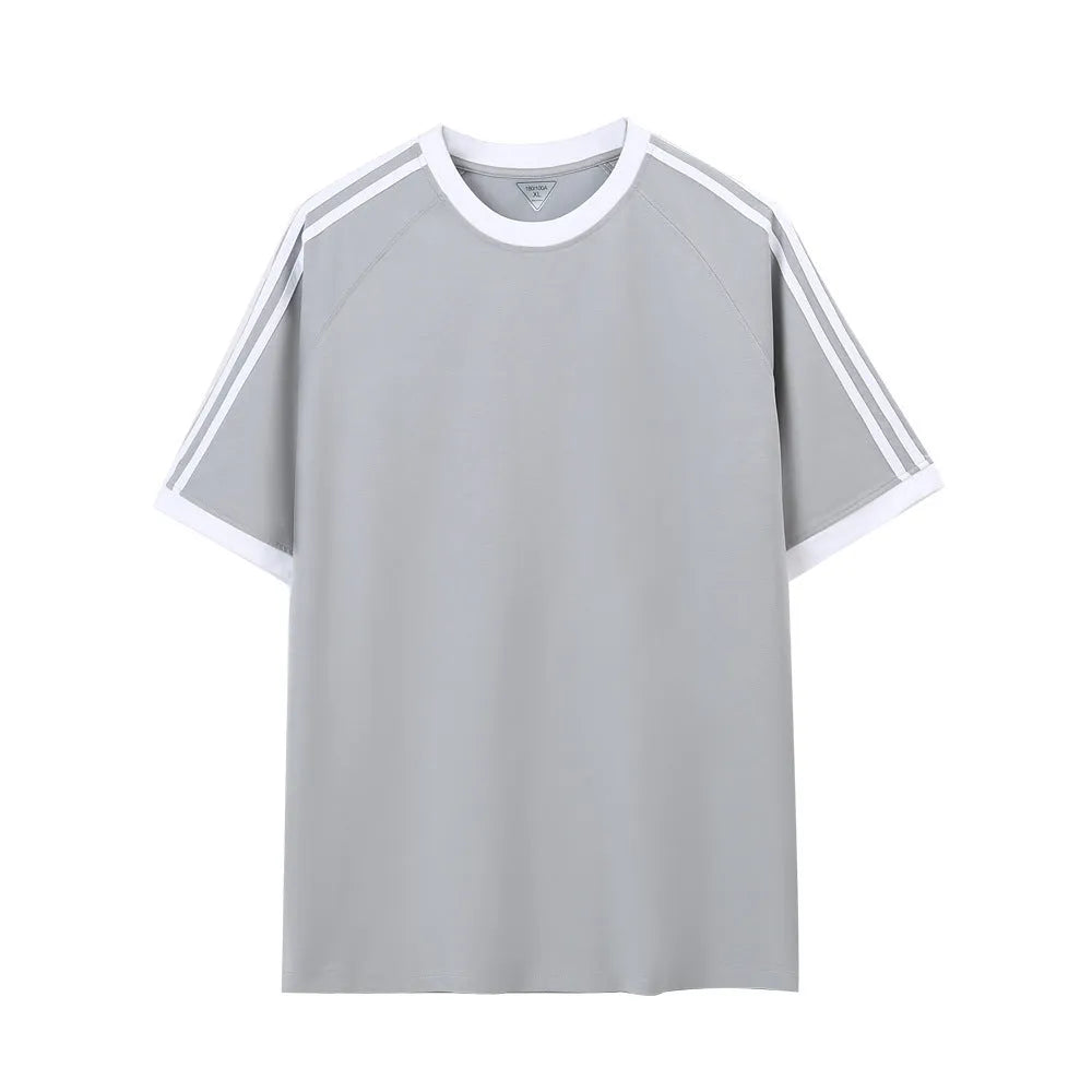 Unisex ice silk cotton stripes five-point top in loose fit, available in multiple colours and sizes S to 2XL