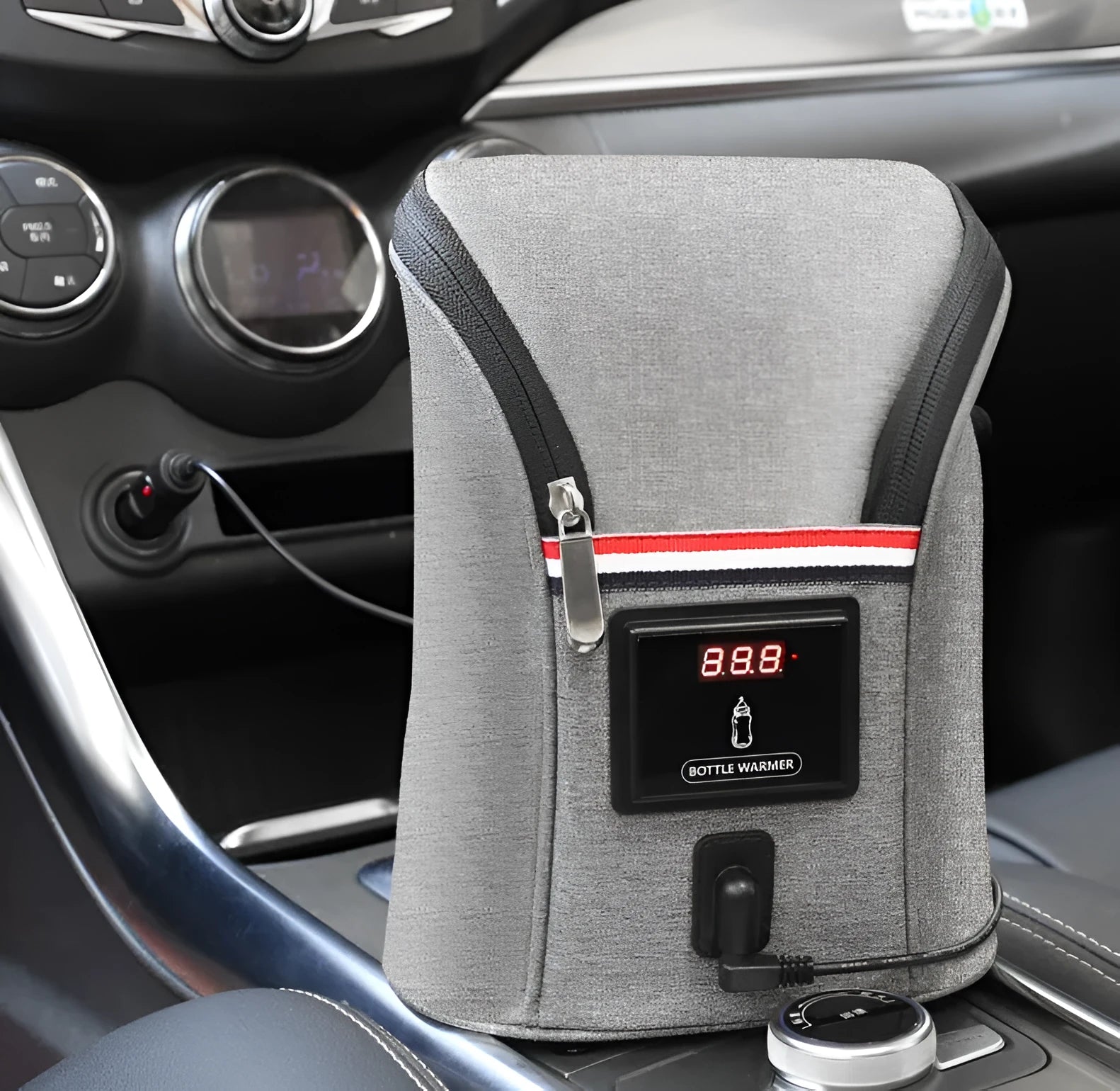 Grey Oxford cloth portable car USB baby bottle warmer with display, shown with two bottles and a 12V car charger.