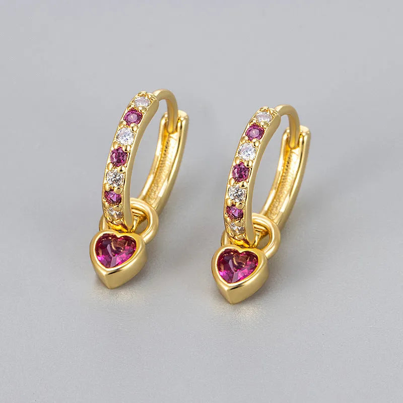 Women's heart-shaped drop earrings with a coloured gemstone, in gold or white gold plating.