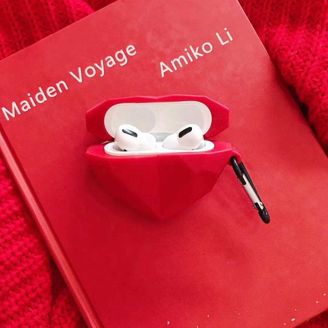 Red silicone case with diamond love heart pattern for Apple AirPods charging case