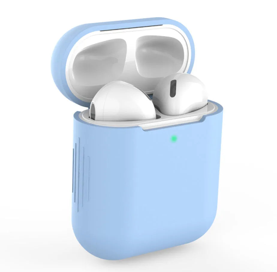 Silicone protective case for AirPods in a selection of colours including beige, blue, pink, and black.