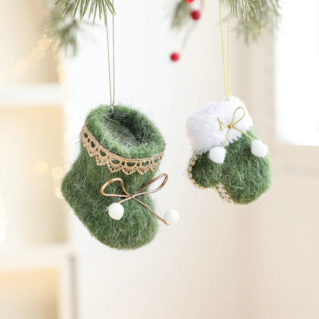 Plush Christmas tree ornament in red or green boot or glove shape, plastic and plush hanging decoration