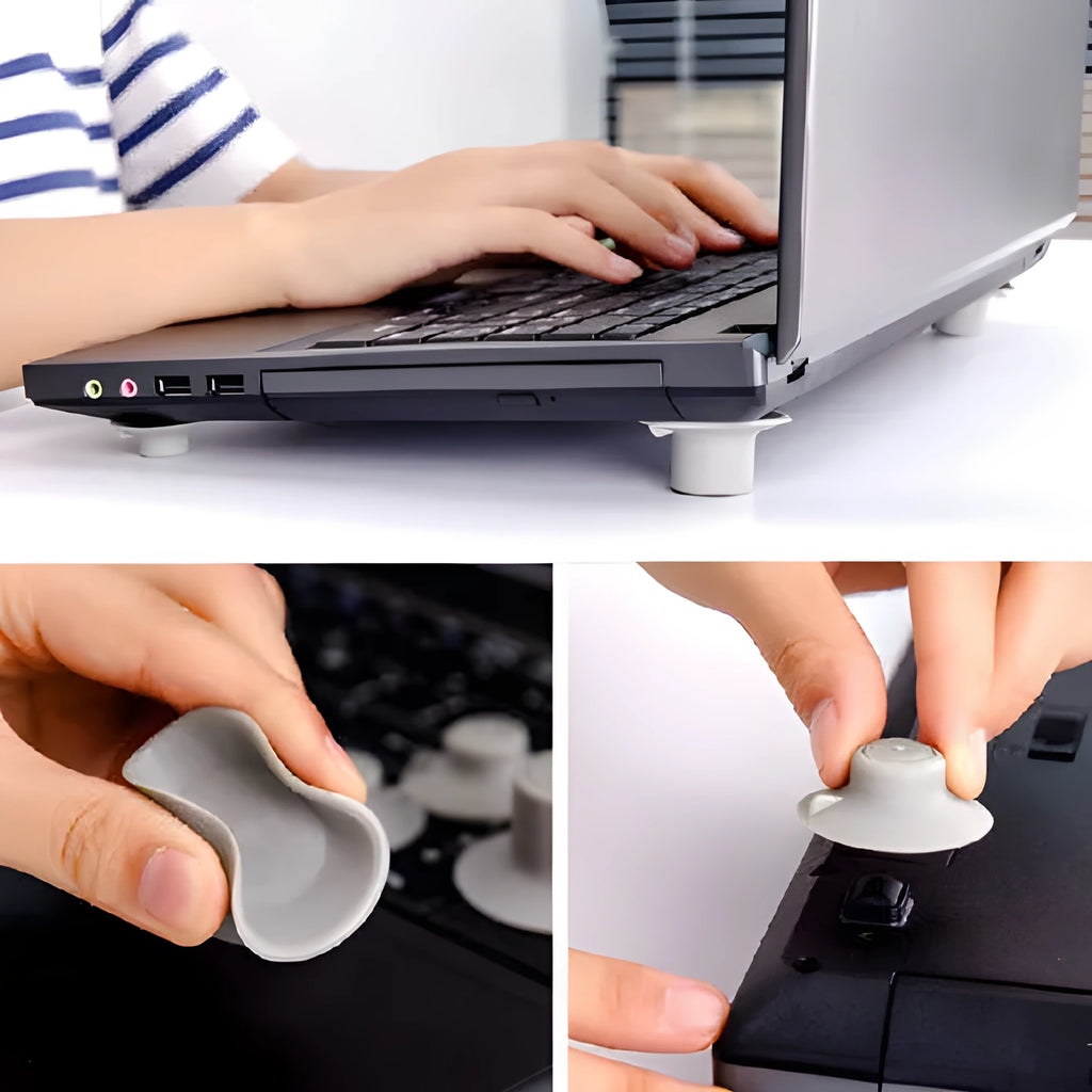 Four grey durable plastic laptop cooling pads, two large and two small, placed on a desk surface.