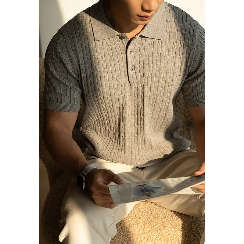 Men's khaki short-sleeve blend-fabric top for business casual and commute wear.