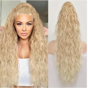 Long 30-inch curly ponytail wig in high temperature fibre for costume and cosplay.