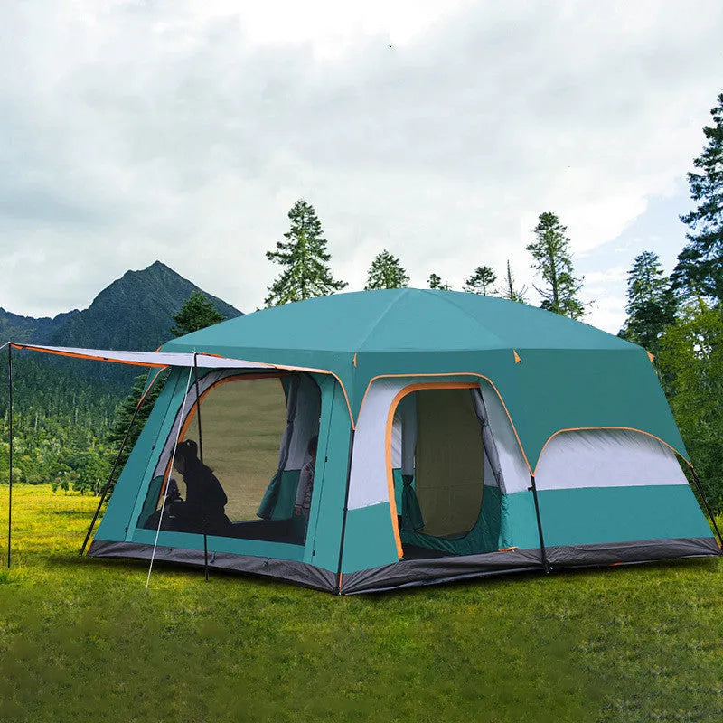 Multi-person double-layer steel pole camping tent 430x305x210cm dark green for 4-6 people