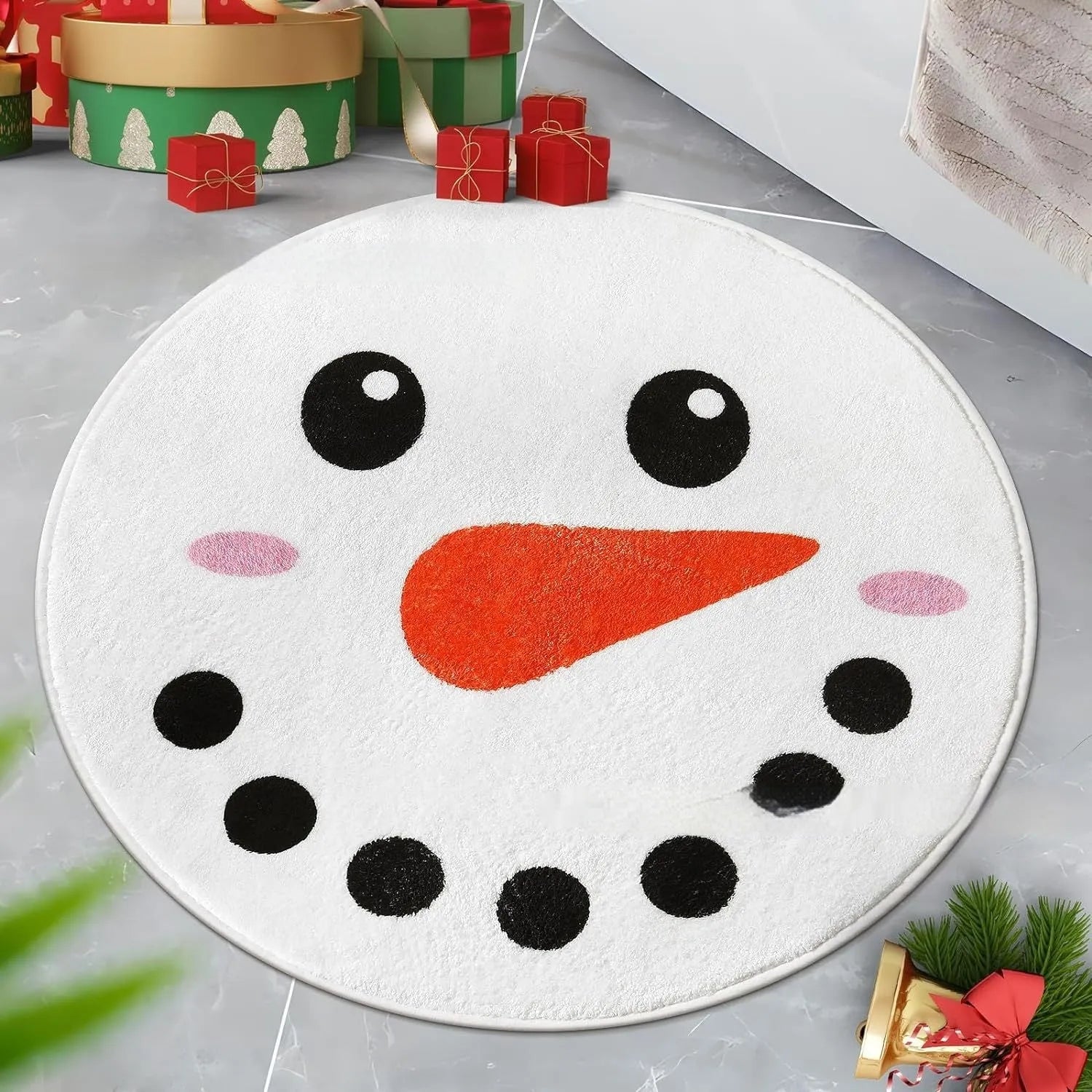 Christmas-themed printed round polyester rug on a wooden floor
