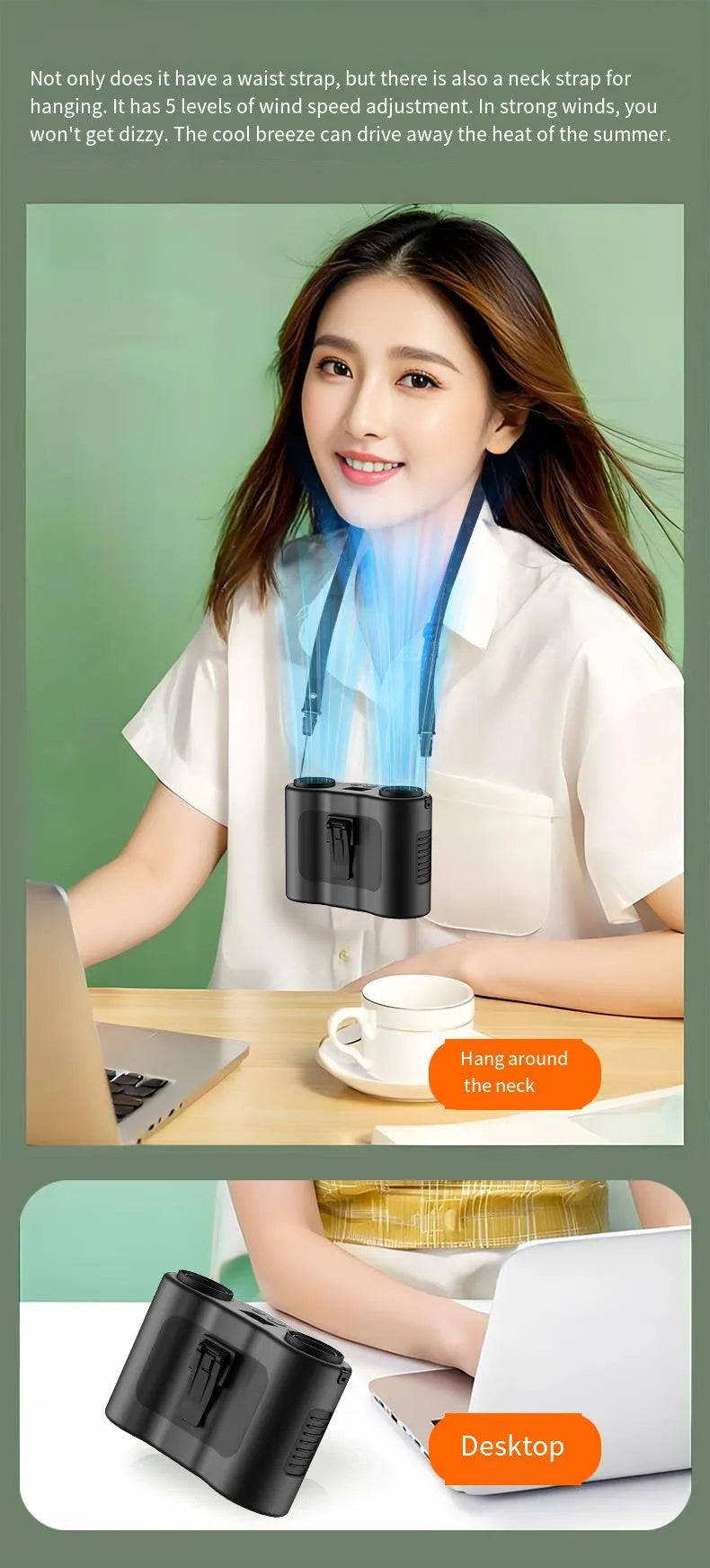 Grey waist-worn personal fan with neck lanyard, showing top control button and air vent.