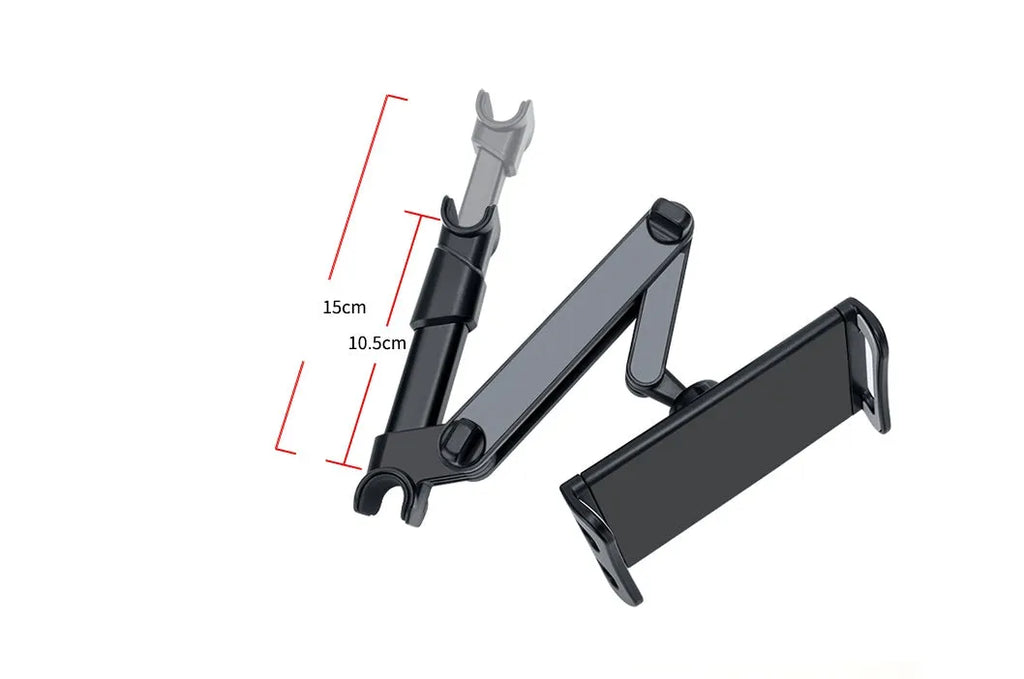Black universal car phone holder mounted on vehicle rear seat base holding tablet