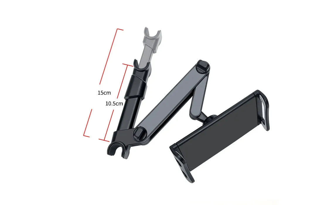 Black universal car phone holder mounted on vehicle rear seat base holding tablet