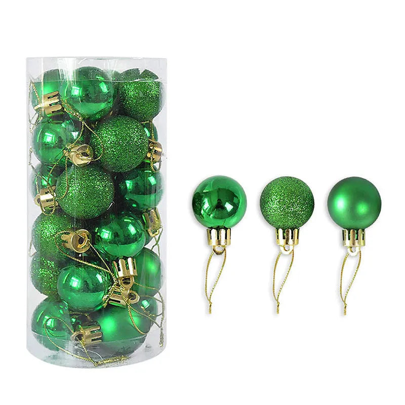 Set of 24 shiny and matte finish Christmas ball ornaments in assorted colours, each 3cm in diameter.
