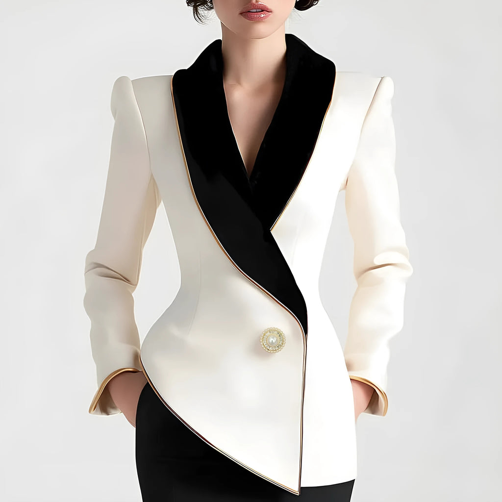 Women's irregular cut coat with golden-edged pearl buttons in milky white TR polyester fabric