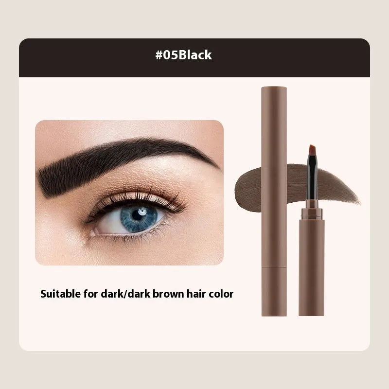 Dual-ended eyebrow cream in five colour shades including reddish brown, brown, light brown, dark brown, and black
