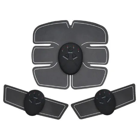 Compact black EMS muscle stimulator unit with conductive gel pads for abdominal and buttock toning