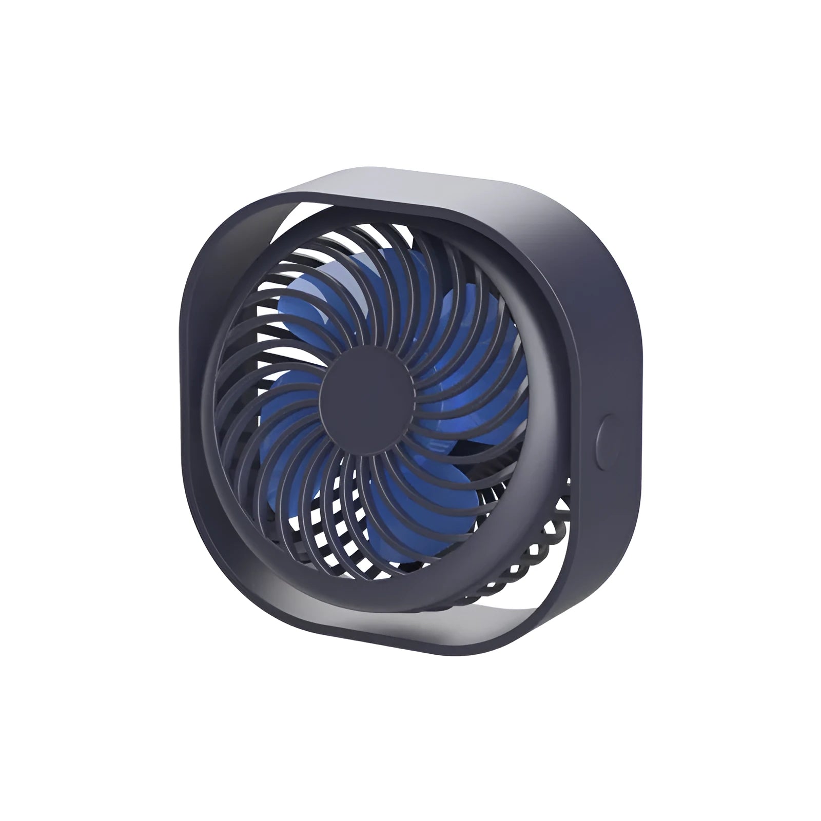 USB charging desk fan with alarm clock in blue, showing 360-degree rotation.