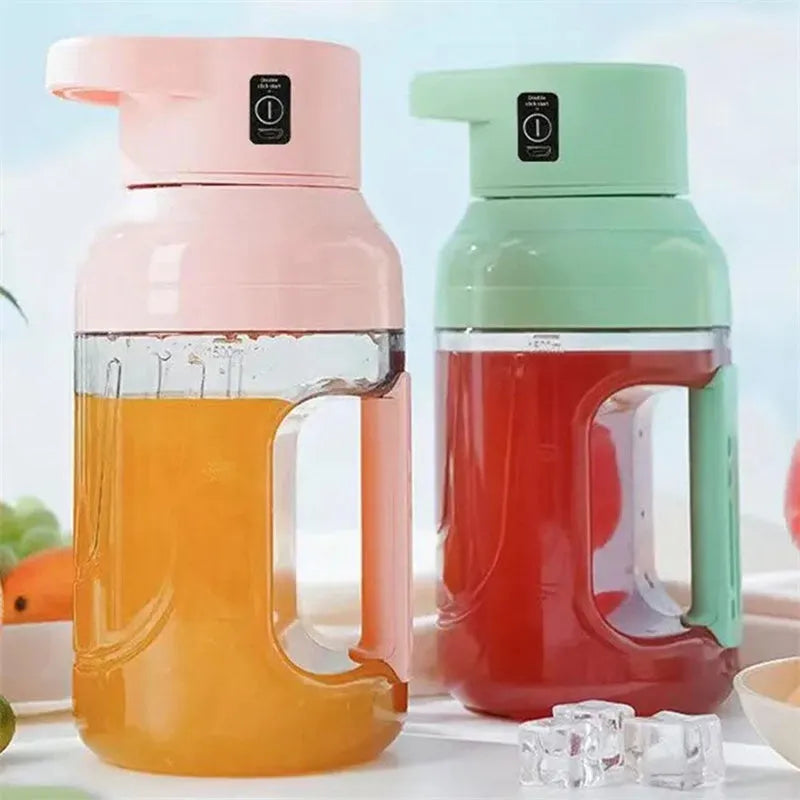 Portable electric juicer blender with 1500ml capacity in emerald green colour, showing USB charging port and double handles.