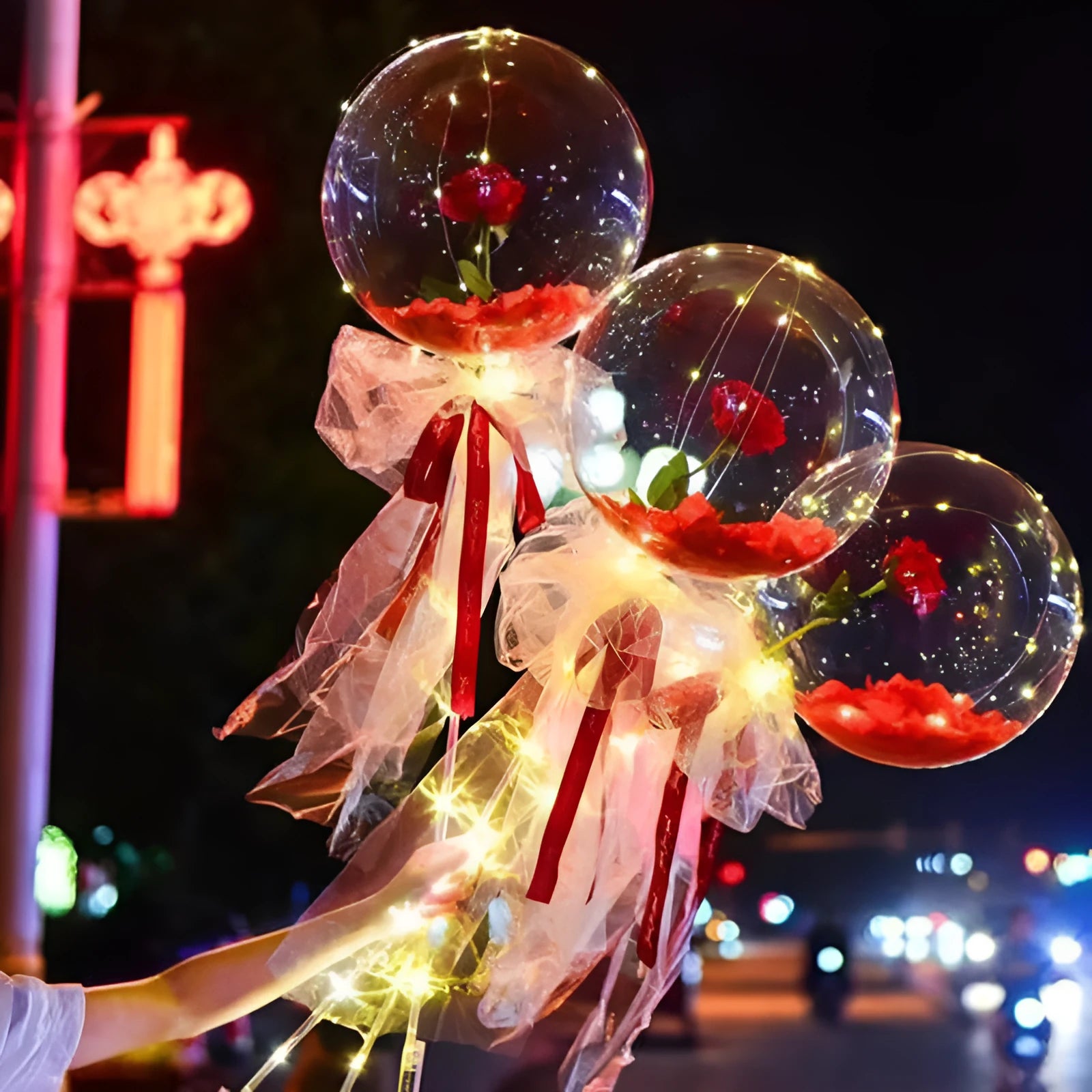 DIY LED luminous balloon rose bouquet set with transparent Bobo balls and LED lights on artificial flowers