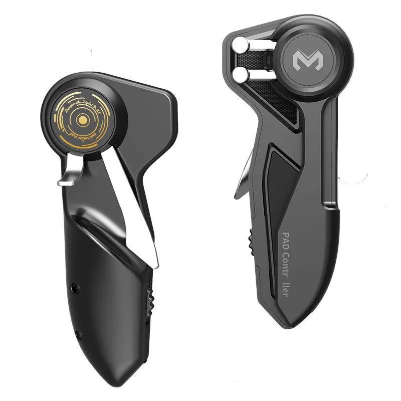 Black six-finger iPad trigger game controller with adjustable buttons and silicone grip for tablets.