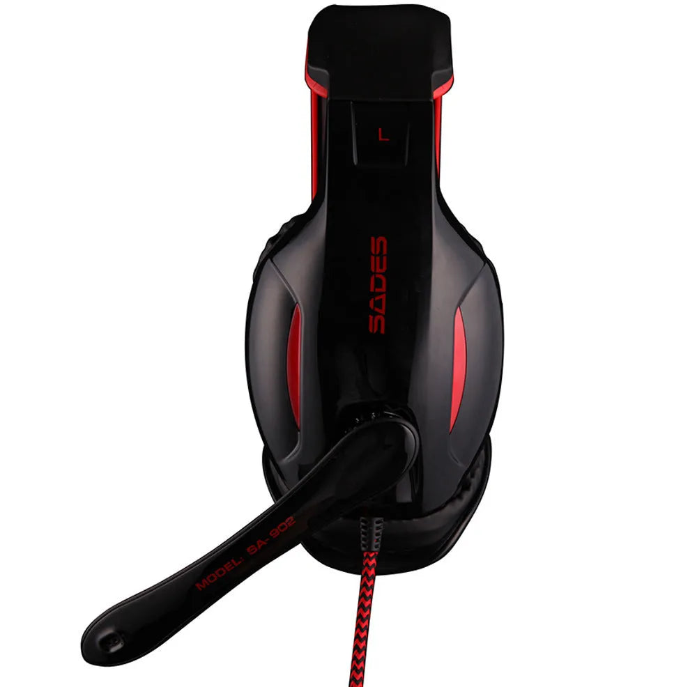 Black SADES SA902 wired USB gaming headset for PC with over-ear cups and adjustable microphone.