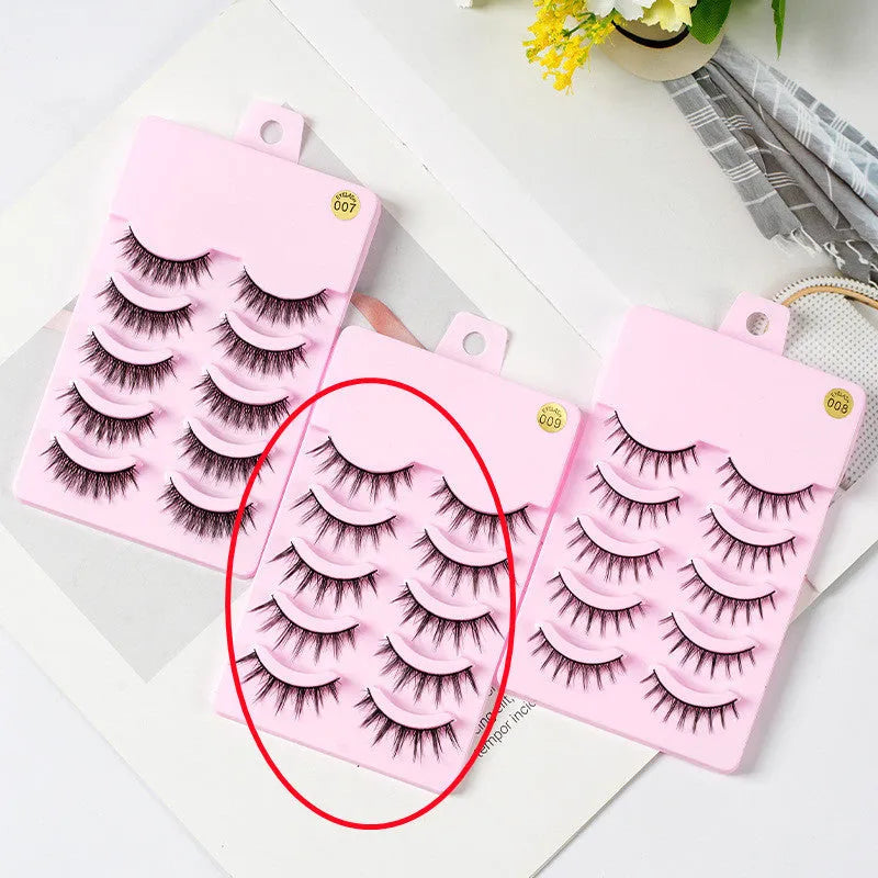 Set of manga style false eyelashes showing three wispy designs on a plastic black terrier base.