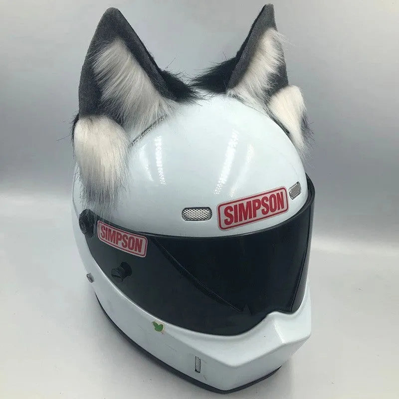 Set of detachable animal ears and tail ornament for motorcycle helmet, shown in black and white wolf design.