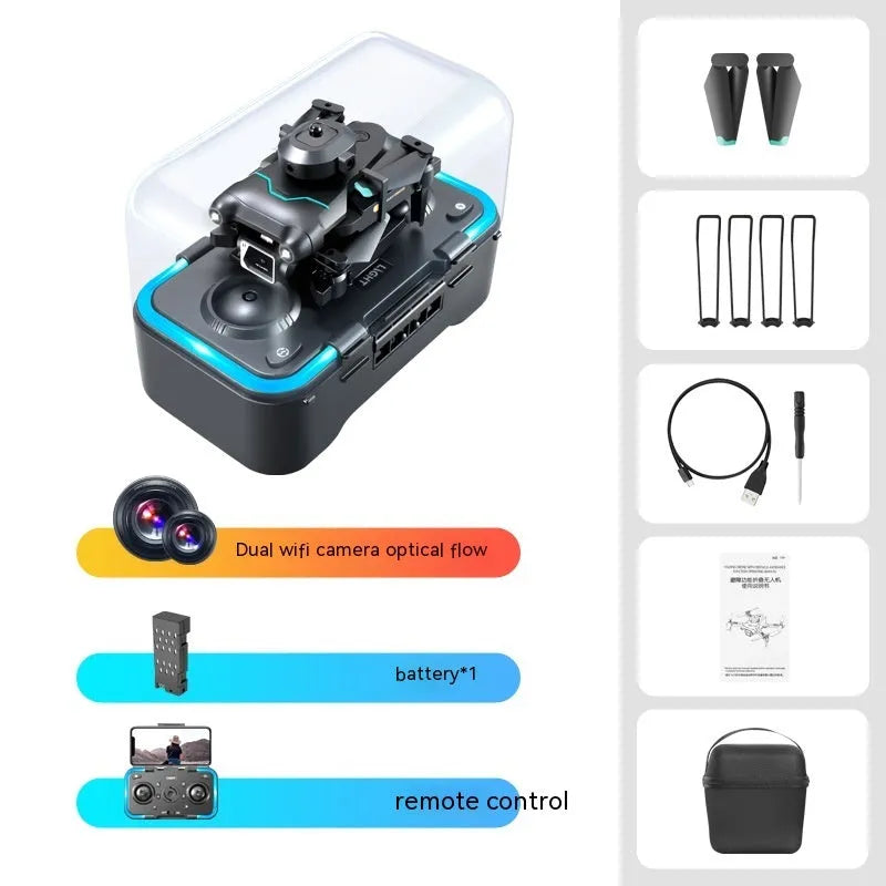 Black four-axis mini drone with cameras, showing obstacle avoidance sensors and compact plastic body.