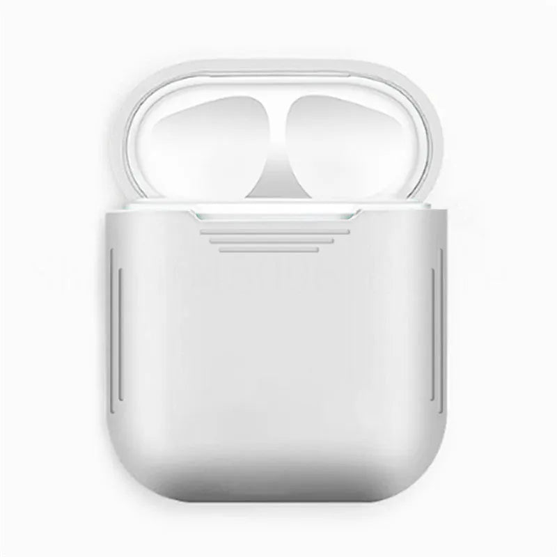 A black TPU and silicone protective case for Apple AirPods with shockproof earmuffs and an attached anti-lost rope.