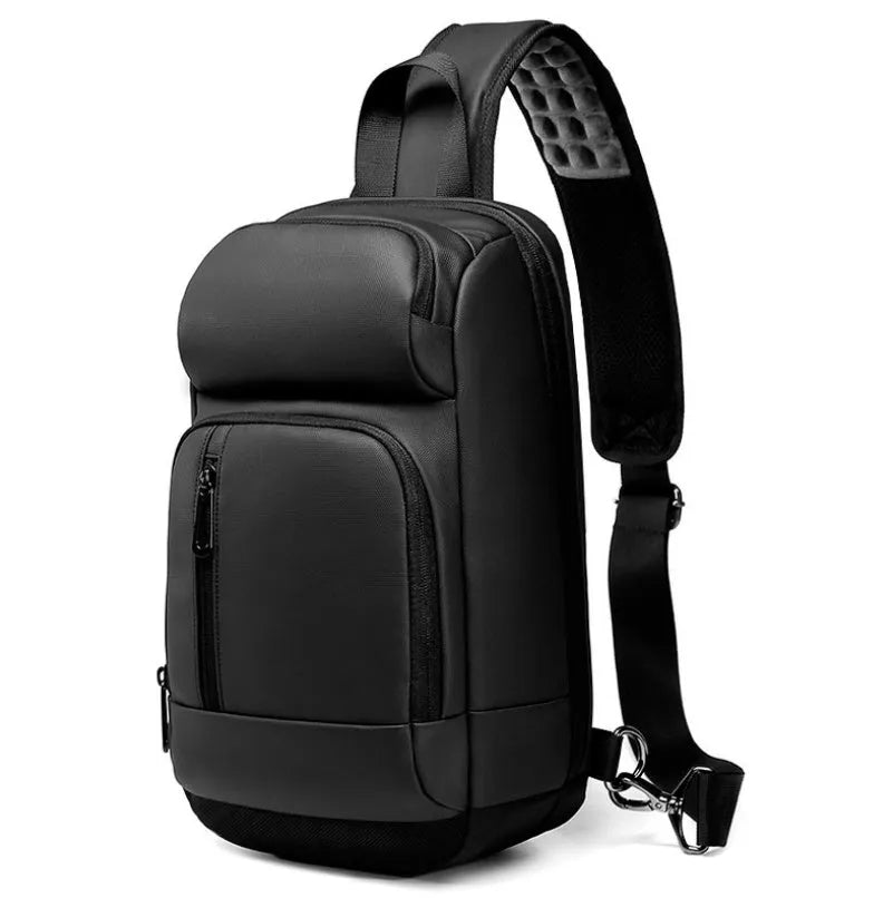 Black medium-sized PVC shoulder bag showing front zipper, air cushion strap, and internal laptop pocket.