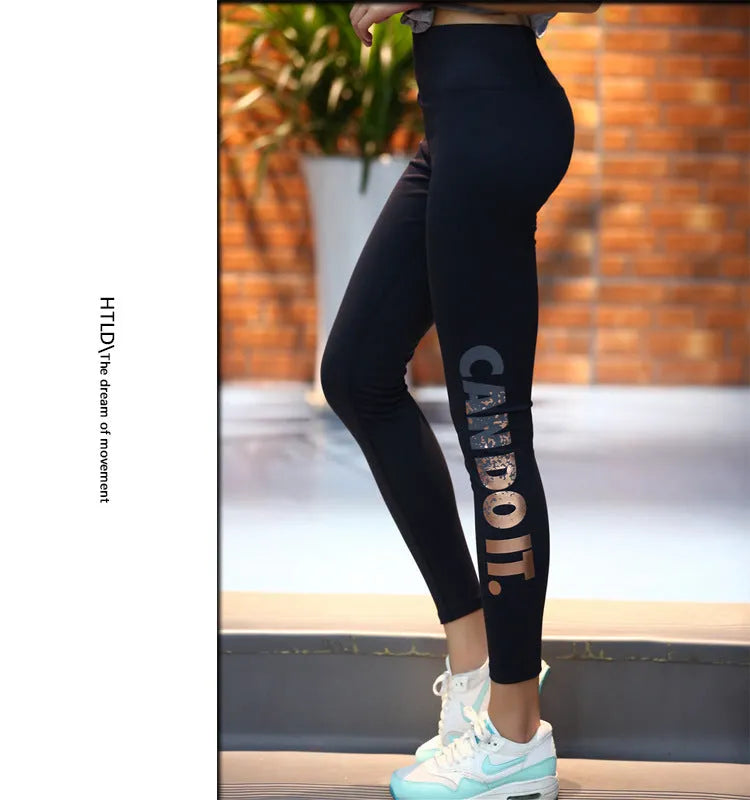 Bronzing alphabet design high elastic training fitness pants for women in size L