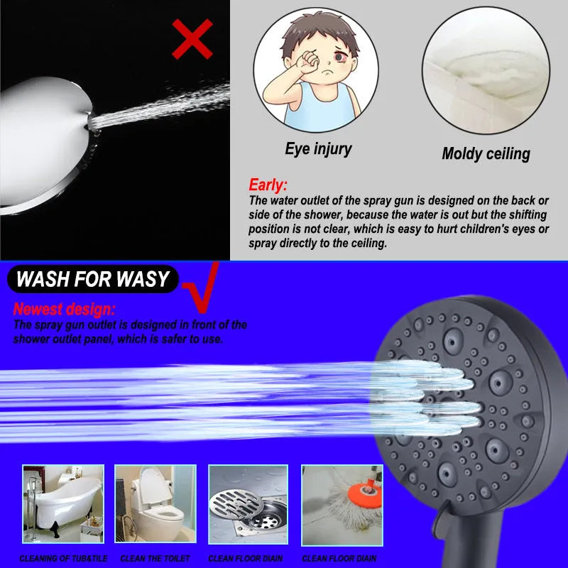 Dark matte hand-held shower head set with bracket and hose, five spray functions, ABS construction