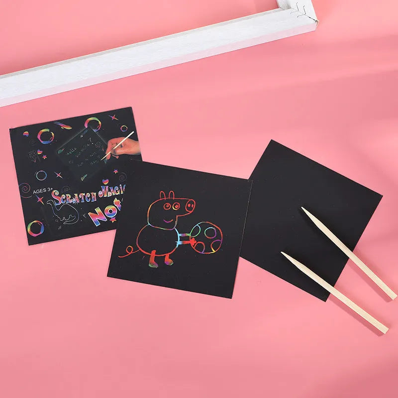 Trumpet scratch painting kit with colourful paper cards in 8.8cm colour box