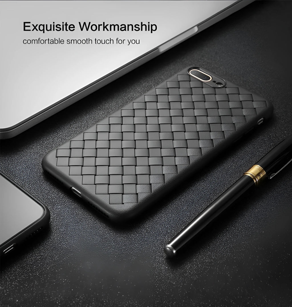 Luxury grid weaving protective case for iPhone on a table, showing raised lips and colour options.