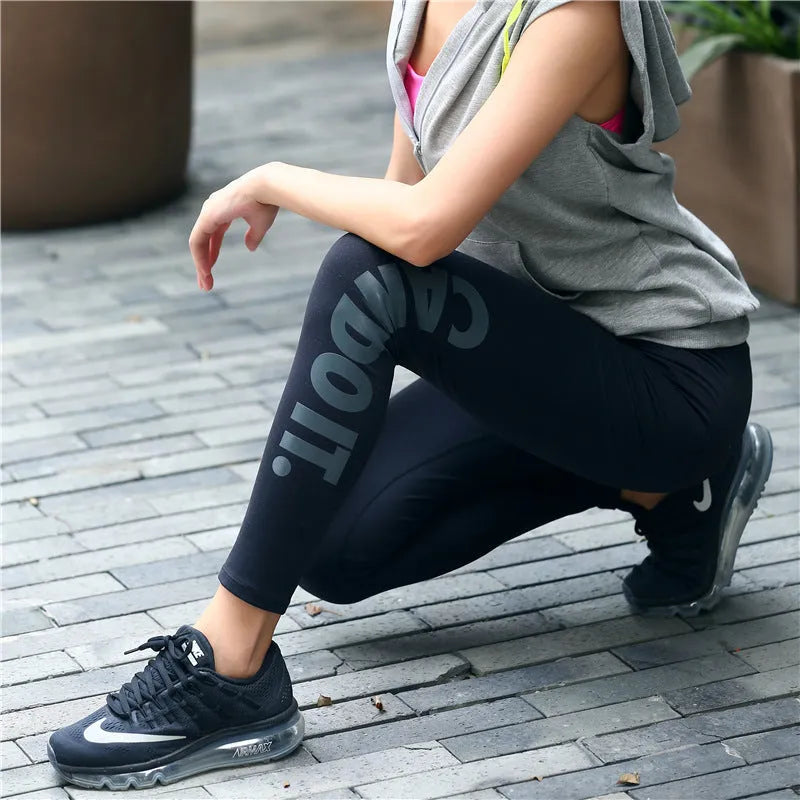 Bronzing alphabet design high elastic training fitness pants for women in size L