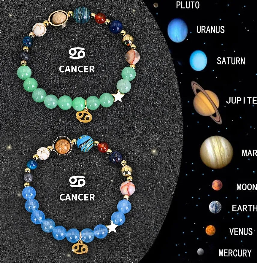 Two beaded bracelets with natural stone and zodiac charm beads on an adjustable cord.