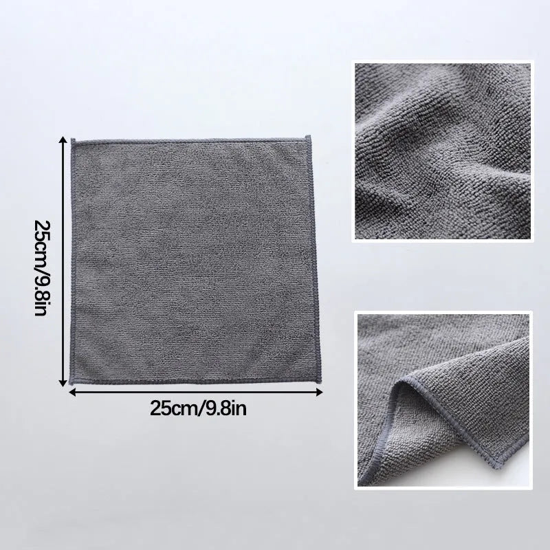Grey square microfiber kitchen cleaning cloth measuring 25cm by 25cm.