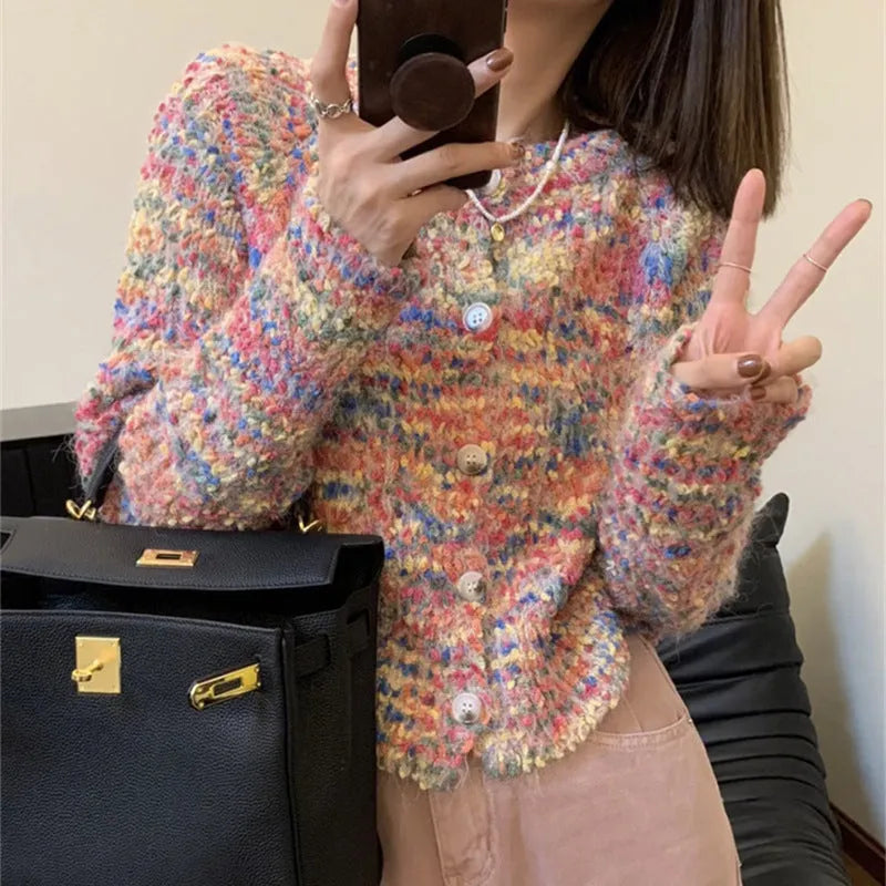 Retro rainbow knitted cardigan in pink and green, slim fit, with a textured toothbrush hair acrylic fabric.