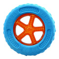 Set of three TPR dog toys: a red ball, a blue barbell, and an orange tire, floating in water.