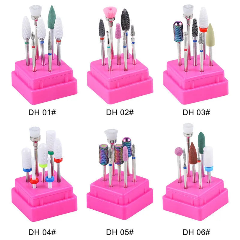 Tungsten steel nail drill bit set with six bits and one brush in a transparent case