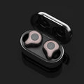 Wireless TWS Bluetooth earbuds in a charging case, showing colour options like coffee, grey, and purple.